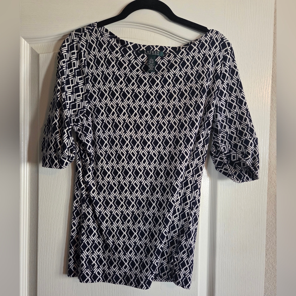 Ralph Lauren Navy and White Geometric Top